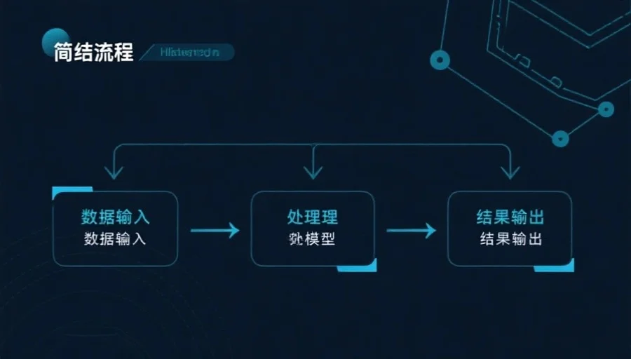 一张简明流程图,依次展示数据输入、处理、建模和结果输出四个步骤,配以简洁科技风设计